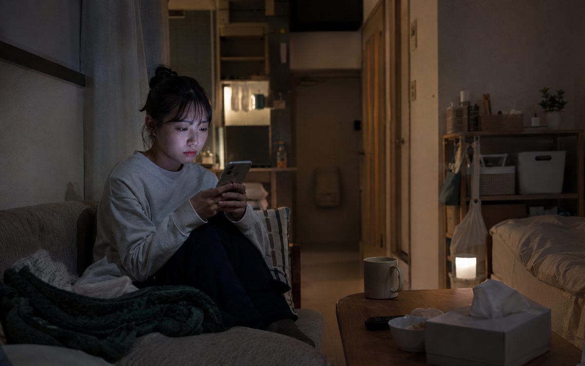 夜、部屋でスマートフォンを見ている20代の女性