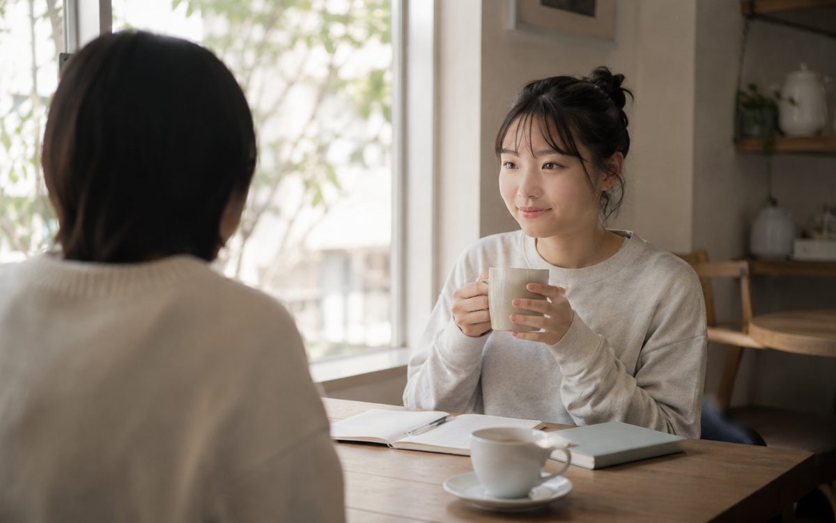 カフェで向かい合って話す2人