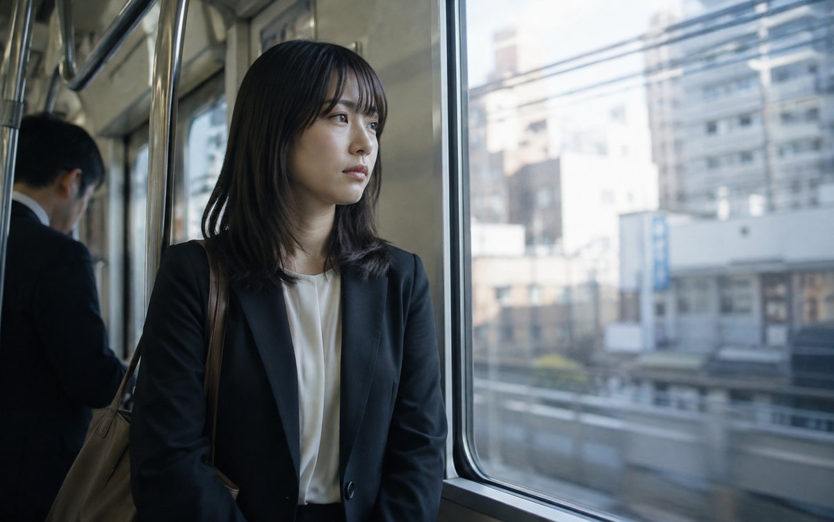 早朝の通勤電車の窓際に立つ20代の女性