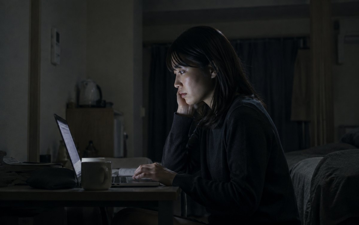 深夜にノートパソコンで職務経歴書を書く20代の女性