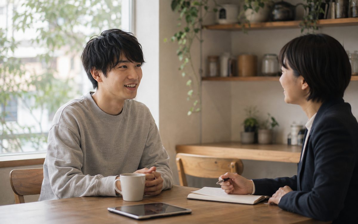 カフェで担当者と話す20代の男性